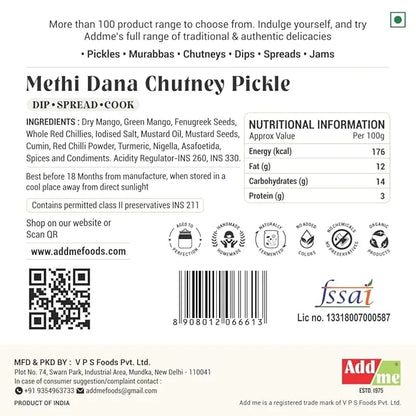 Methi Dana Chutney Pickle label with nutritional information, ingredients, and branding details.