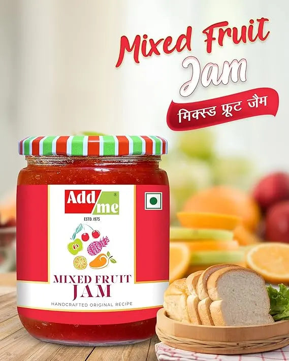 Add Me Foods: Jar of Add Me Mixed Fruit Jam with bread and fruits in the background