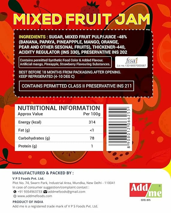 Add Me Foods: Back of a mixed fruit jam packaging with ingredients, nutritional information, and branding details.
