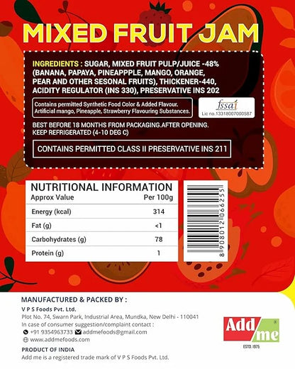 Add Me Foods: Back of a mixed fruit jam packaging with ingredients, nutritional information, and branding details.