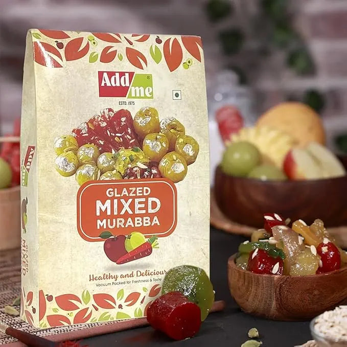 Add Me Foods: Packaging of Add Me Glazed Mixed Murabba with fruit background