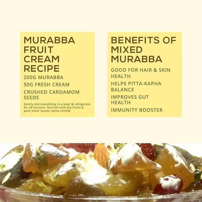 Add Me Foods: Recipe card for Murabba Fruit Cream with ingredients and benefits on a yellow background