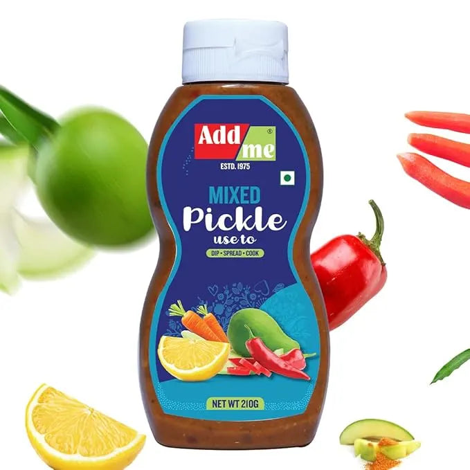 Bottle of Addsome mixed pickle with vegetables on a white background