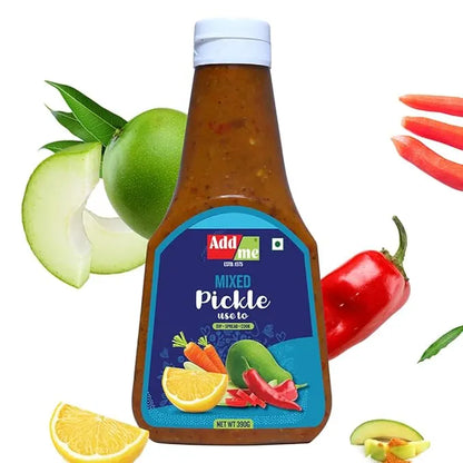 Bottle of Adda Mixed Pickle with vegetables on a white background