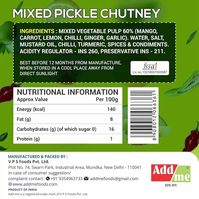 Label of Mixed Pickle Chutney with ingredients, nutritional information, and branding details on a green background.