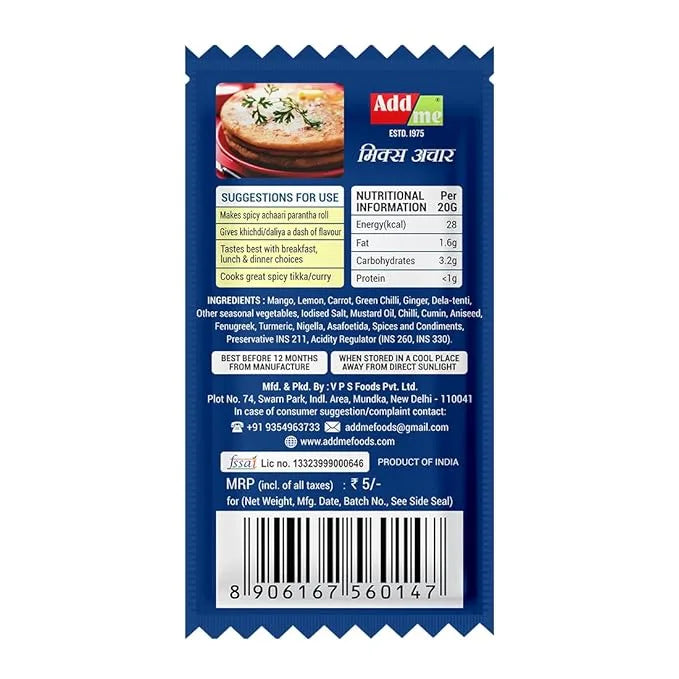 Back view of a mix achar packet with text and nutritional information on a white background