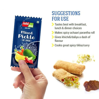 Addsome mixed pickle packet with suggestions for use on a white background