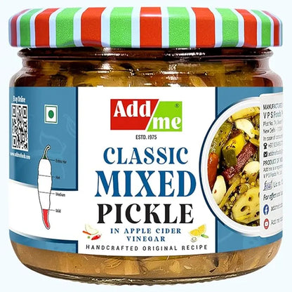 Jar of Add Me Classic Mixed Pickle with a colorful lid on a white background