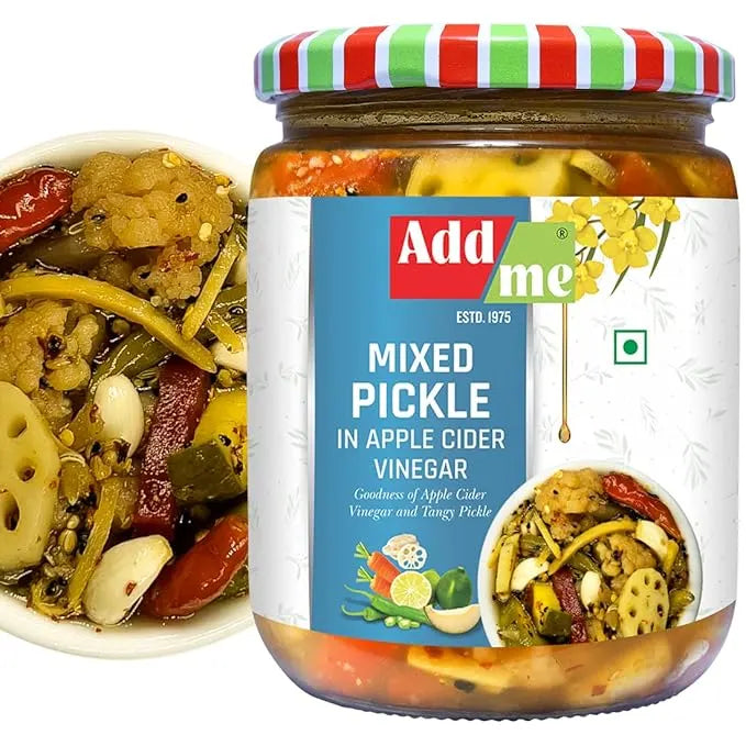 Jar of Add me mixed pickle with a colorful lid and label.