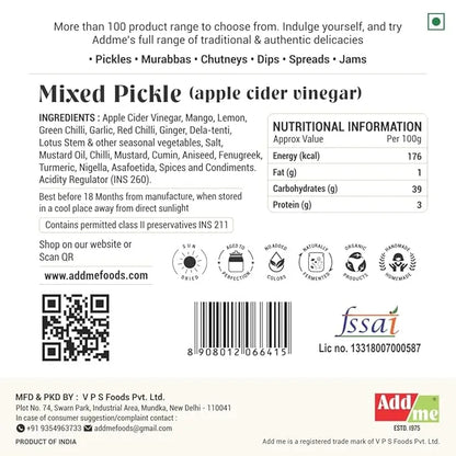 Back of a mixed pickle packaging with nutritional information, ingredients list, and branding details.