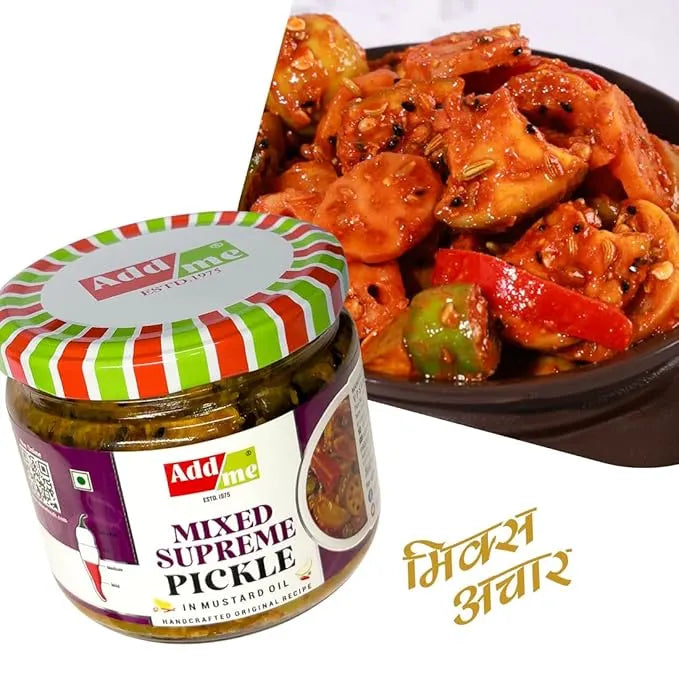 Jar of Add Me mixed supreme pickle with a bowl of pickled vegetables on a white background