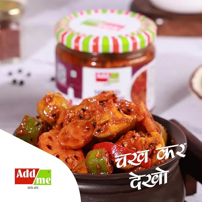 Spicy dish with peppers and a jar of spices on a white background, featuring Add Me brand.