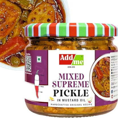 Jar of Adda Me Mixed Supreme Pickle with a colorful lid, surrounded by pickled vegetables.
