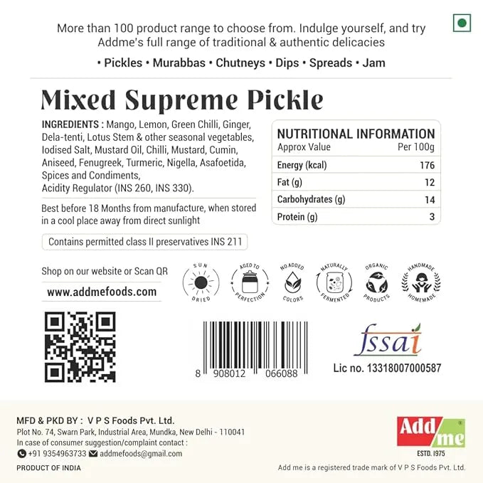 Back label of Mixed Supreme Pickle with ingredients, nutritional information, and branding details.