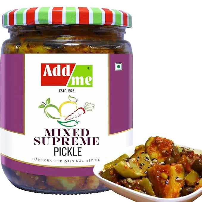 Jar of Add Me Mixed Supreme Pickle with a bowl of pickled vegetables on a white background