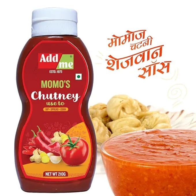 Add me Momo's Chutney bottle with a bowl of chutney and momos on a white background