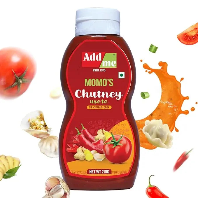 Bottle of Add Me Momo's Chutney with ingredients on a white background