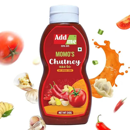 Bottle of Add Me Momo's Chutney with ingredients on a white background