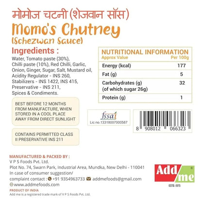 Momo's Chutney label with ingredients, nutritional information, and branding details.
