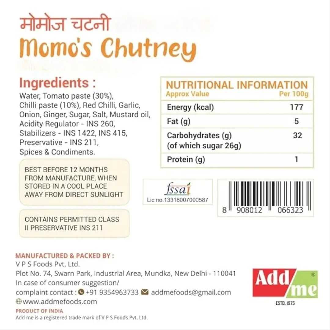 Momo's Chutney label with ingredients, nutritional information, and branding details.