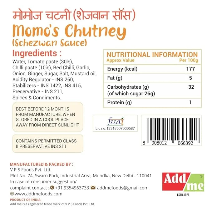 Momo's Chutney label with ingredients, nutritional information, and branding details.
