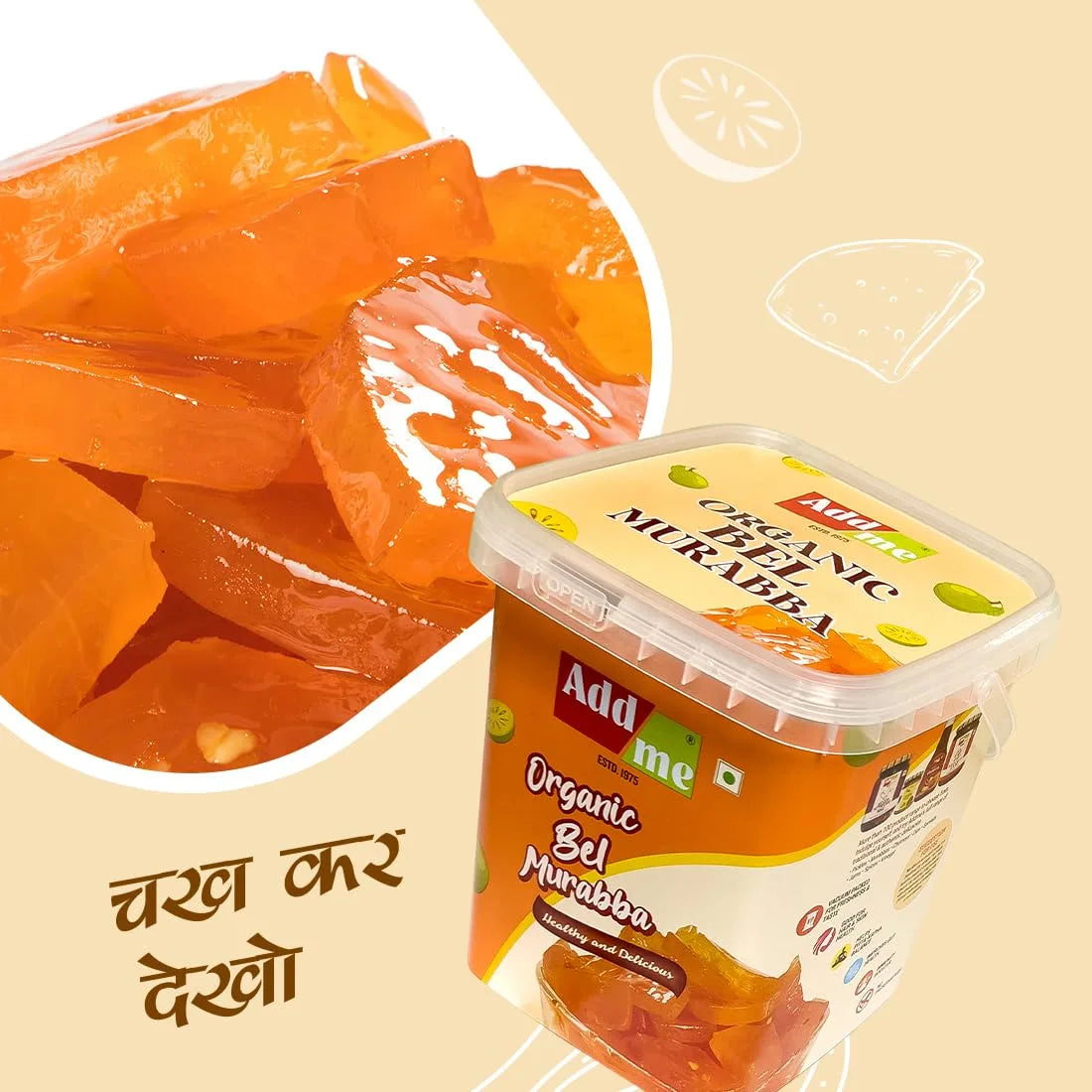 Container of Add Me Organic Gel Murabba with sliced fruit on a beige background