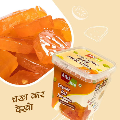 Container of Add Me Organic Gel Murabba with sliced fruit on a beige background