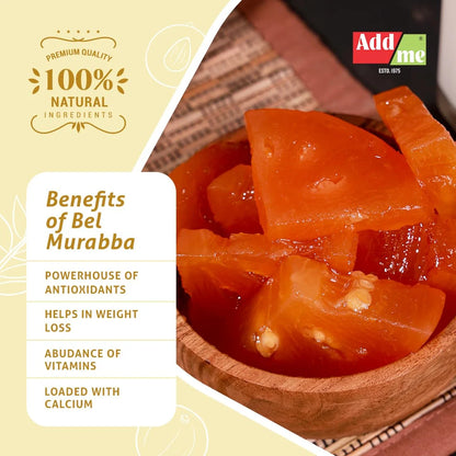 Wooden bowl with sliced red fruit, likely bel murabba, on a beige background with text about its benefits and Add Me brand.