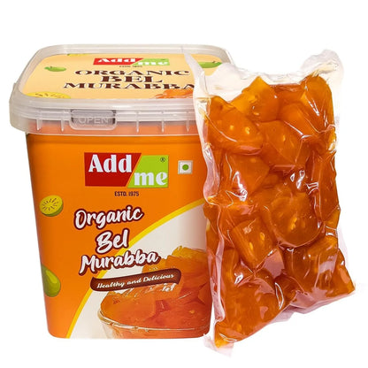 Add Me Organic Bel Murabba packaging with a clear bag of murabba pieces on a white background