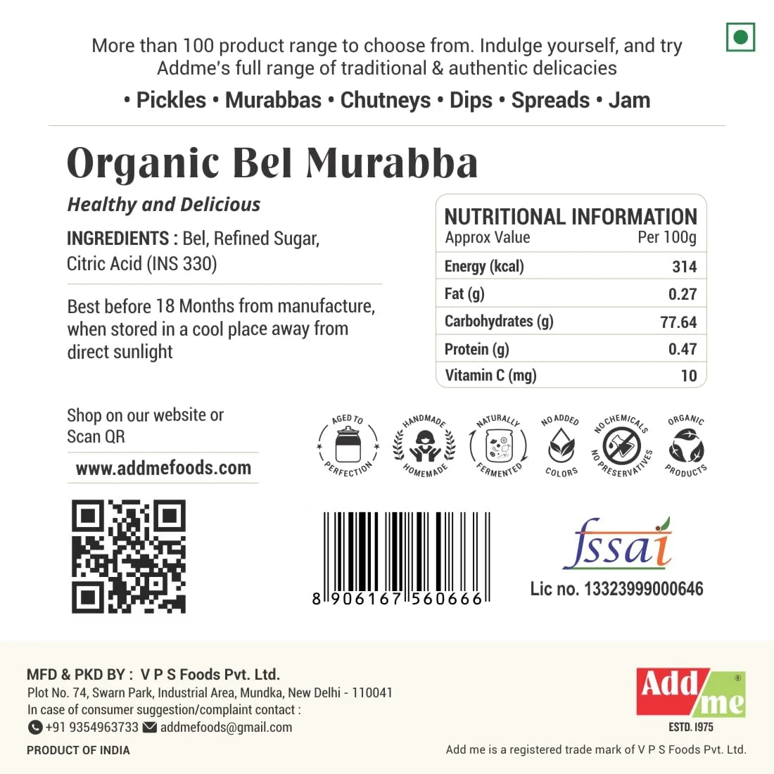 Label for Organic Bel Murabba with nutritional information, ingredients, and branding details.