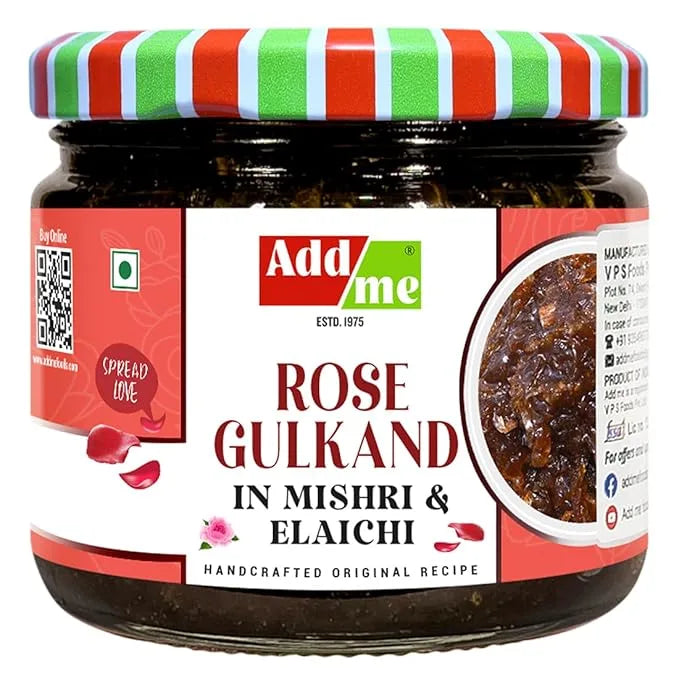 Add Me Foods: Jar of Add Me Rose Gulkand with a colorful lid on a white background