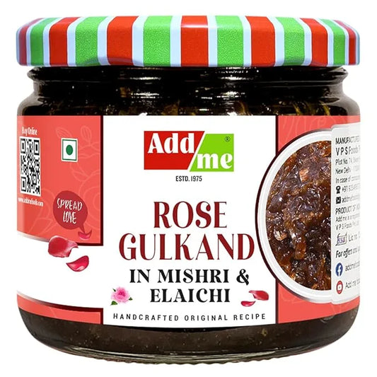 Add Me Foods: Jar of Add Me Rose Gulkand with a colorful lid on a white background