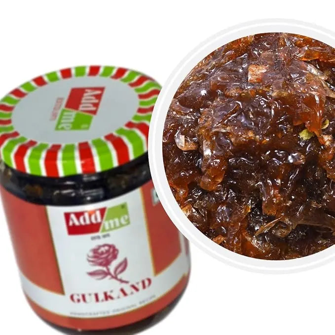 Add Me Foods: Jar of Add Me Gulkand with a close-up of the gulkand inside on a white background