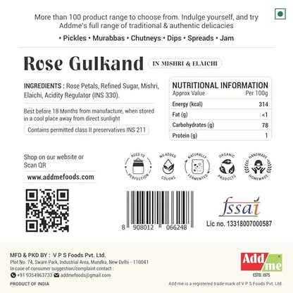 Add Me Foods: Label of Rose Gulkand with nutritional information, ingredients, and Addme branding.