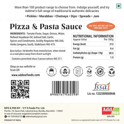 Add Me Foods: Back of a pizza and pasta sauce packaging with nutritional information, ingredients list, and Addme branding.