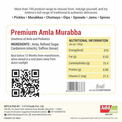 Add Me Foods: Product label for Premium Amla Murabba with nutritional information and branding details.