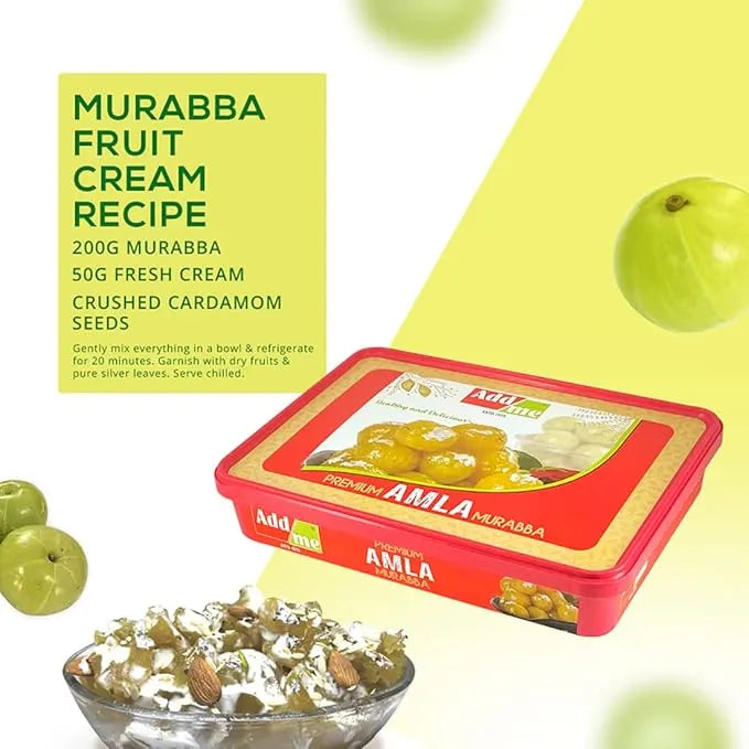 Add Me Foods: Red tin of Addya Amla Murabba with ingredients listed on a yellow background