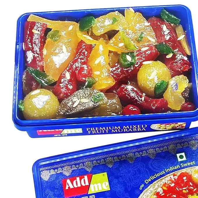 Add Me Foods: Assorted colored fruit in a blue container with 'Add Me' branding. mix murabba