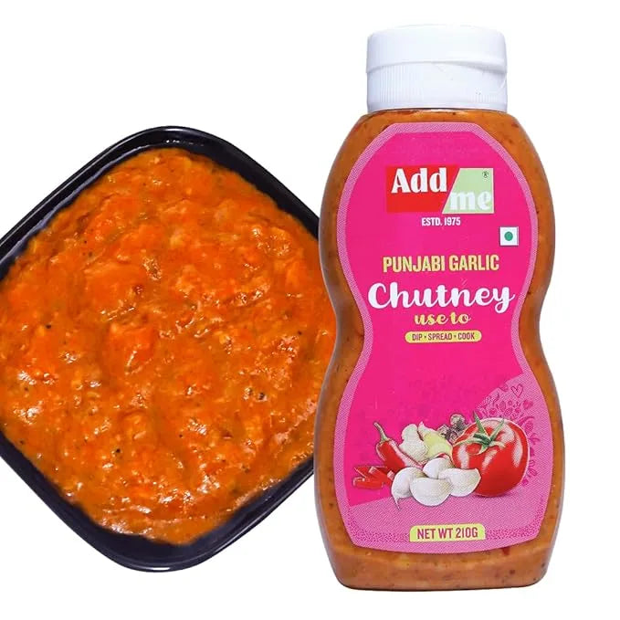 Punjabi Garlic Chutney bottle with a container of chutney on a white background