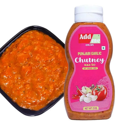 Punjabi Garlic Chutney bottle with a container of chutney on a white background