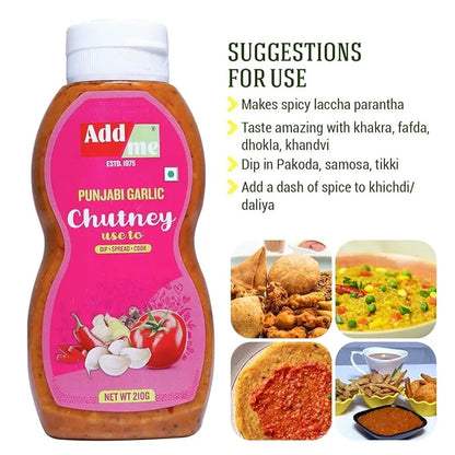 Add some Punjabi Garlic Chutney bottle with usage suggestions on a white background