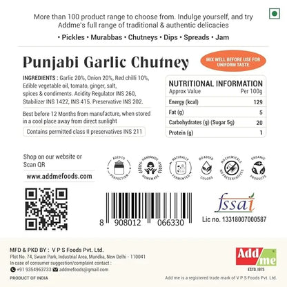 Label of Punjabi Garlic Chutney with ingredients, nutritional information, and branding details.