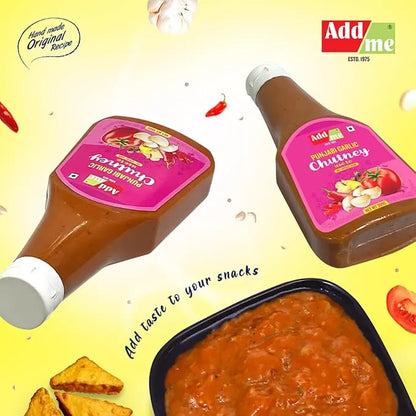 Two bottles of Add Me Punjabi Garlic Chutney on a yellow background with snacks and chutney.