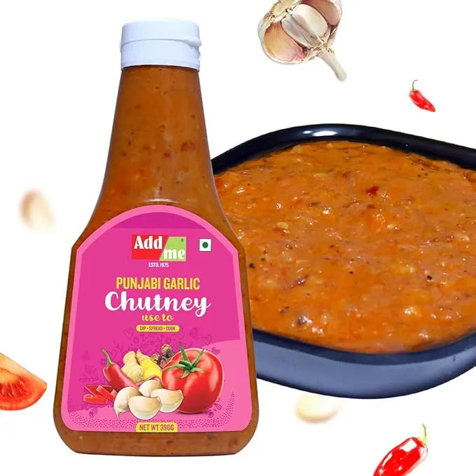 Bottle of Addmore Punjabi Garlic Chutney with a bowl of chutney in the background