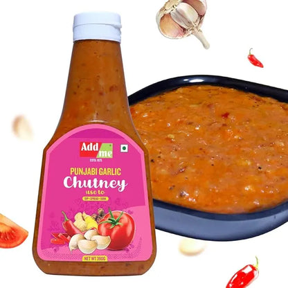 Bottle of Addmore Punjabi Garlic Chutney with a bowl of chutney in the background