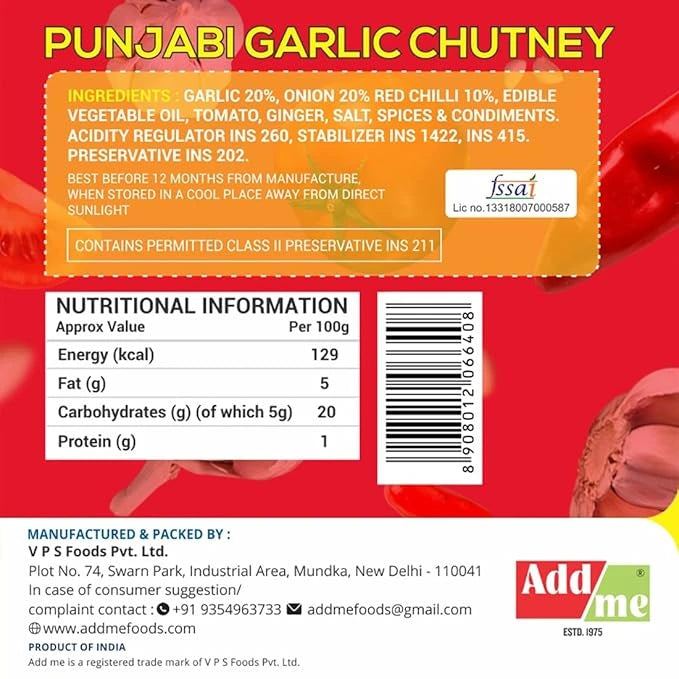 Punjabi Garlic Chutney label with ingredients, nutritional information, and branding details on a red background.