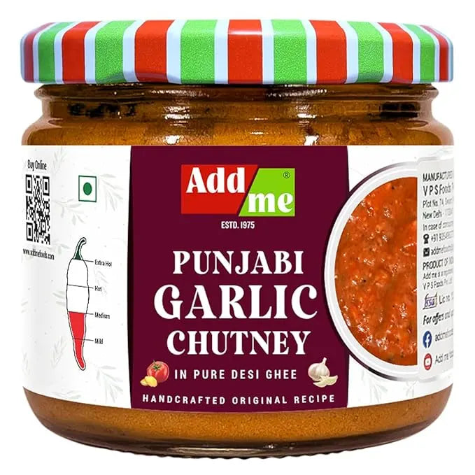 Jar of Add Me Punjabi Garlic Chutney with a colorful lid on a white background