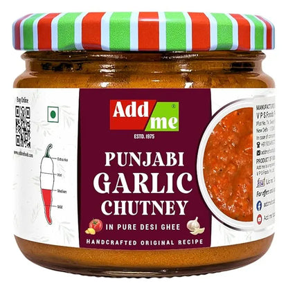 Jar of Add Me Punjabi Garlic Chutney with a colorful lid on a white background