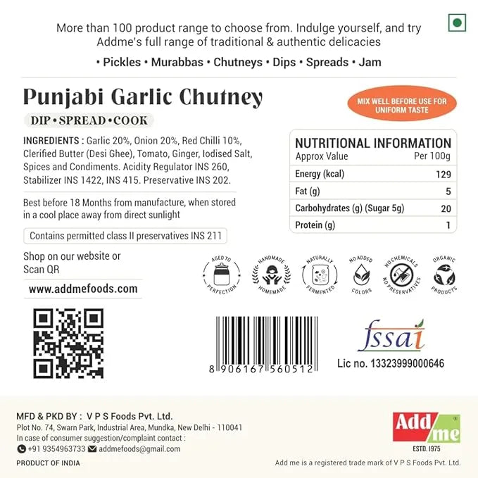 Back of a Punjabi Garlic Chutney packaging with nutritional information, ingredients, and branding details.
