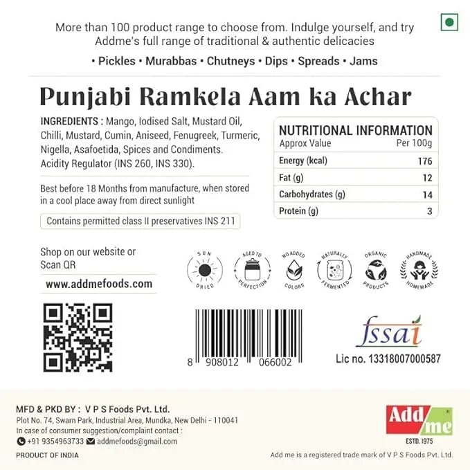 Back label of Punjabi Ramkela Aam ka Achar with ingredients, nutritional information, and Addme branding.